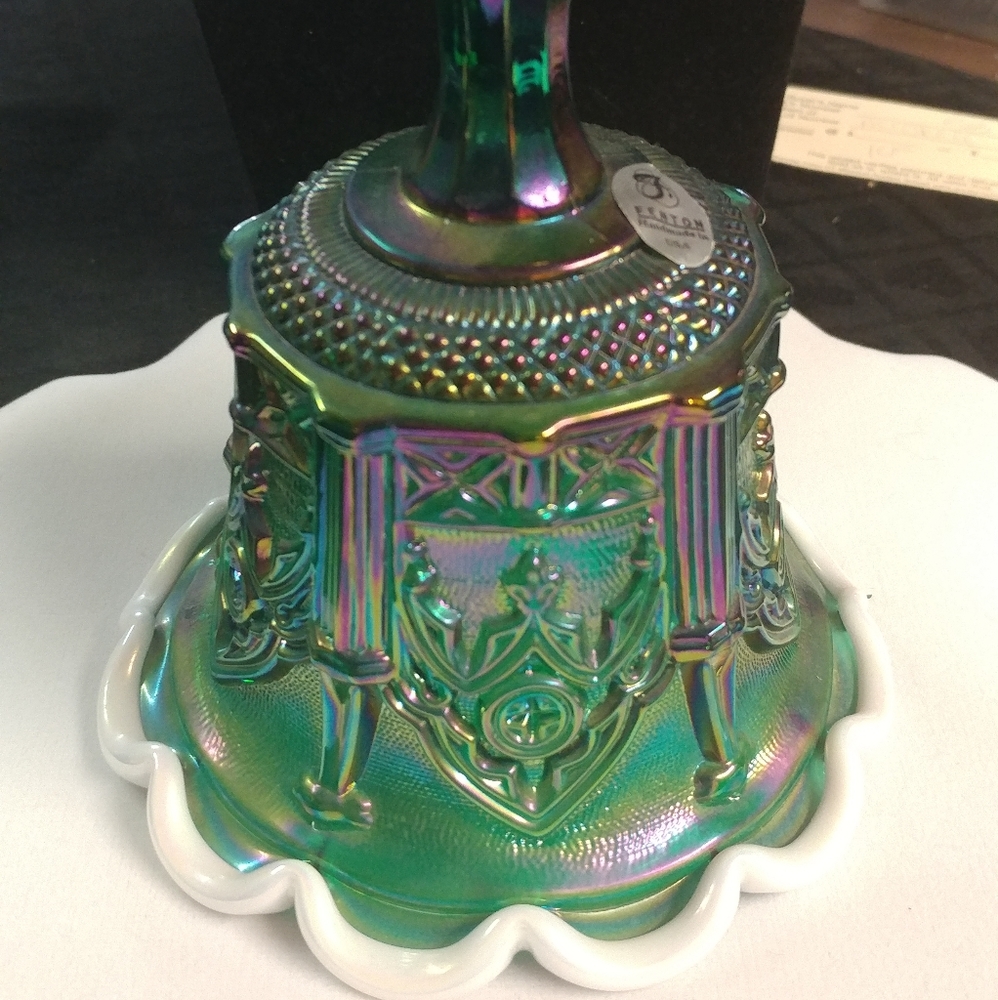 Fenton Sable-Arch Green Carnival Glass Bell